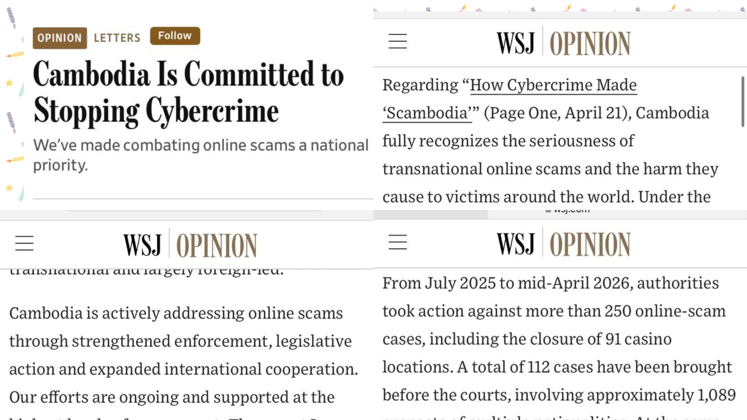 ការឆ្លើយតបរបស់កាសែត The Wall Street Journal (WSJ) នឹងលិខិតរបស់រដ្ឋមន្ត្រីក្រសួងព័ត៌មាន តវ៉ាចំពោះការផ្សព្វផ្សាយអត្ថបទខ្វះវិជ្ជាជីវៈដែលប៉ះពាល់ដល់កិត្តិយសនិងកេរ្តិ៍ឈ្មោះកម្ពុជា